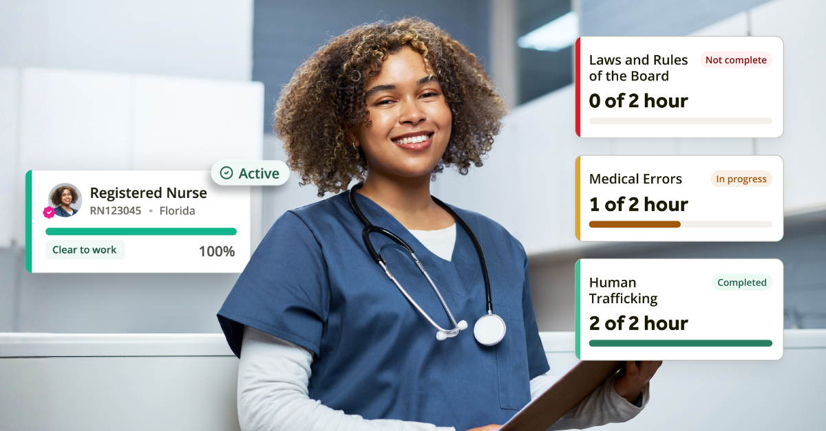 Smiling registered nurse with a Propelus CE Broker dashboard showing an active, clear-to-work license and CE progress.