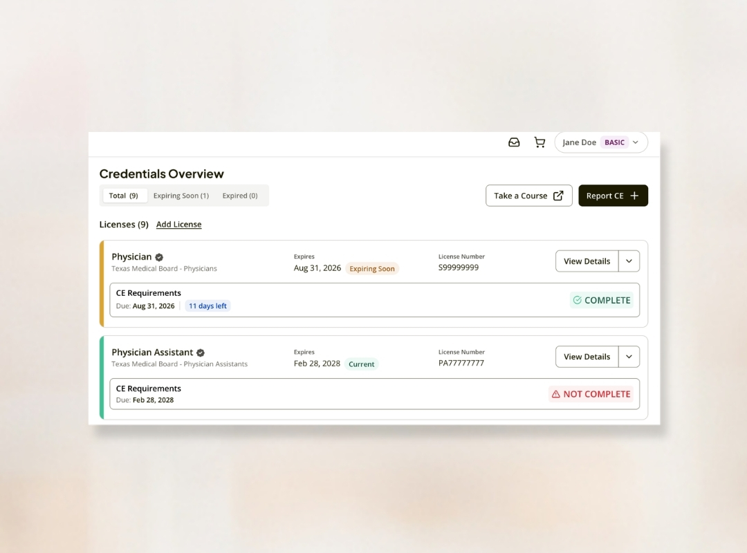 CE Broker dashboard image of credentials overview.
