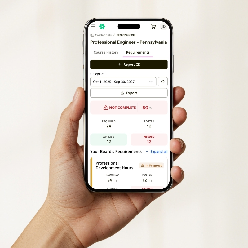 CE Broker dashboard on a mobile device