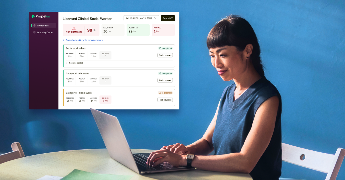 Healthcare professional at a laptop beside a CE Broker dashboard showing CE requirement tracking.