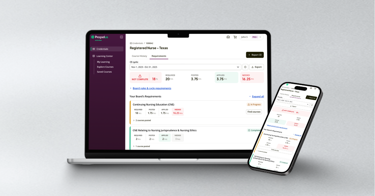 CE Broker dashboard showing color-coded credential status