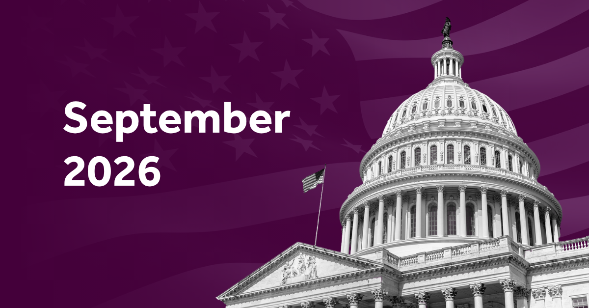 U.S. Capitol dome on a purple background with the text 'September 2026' for Propelus' government relations update