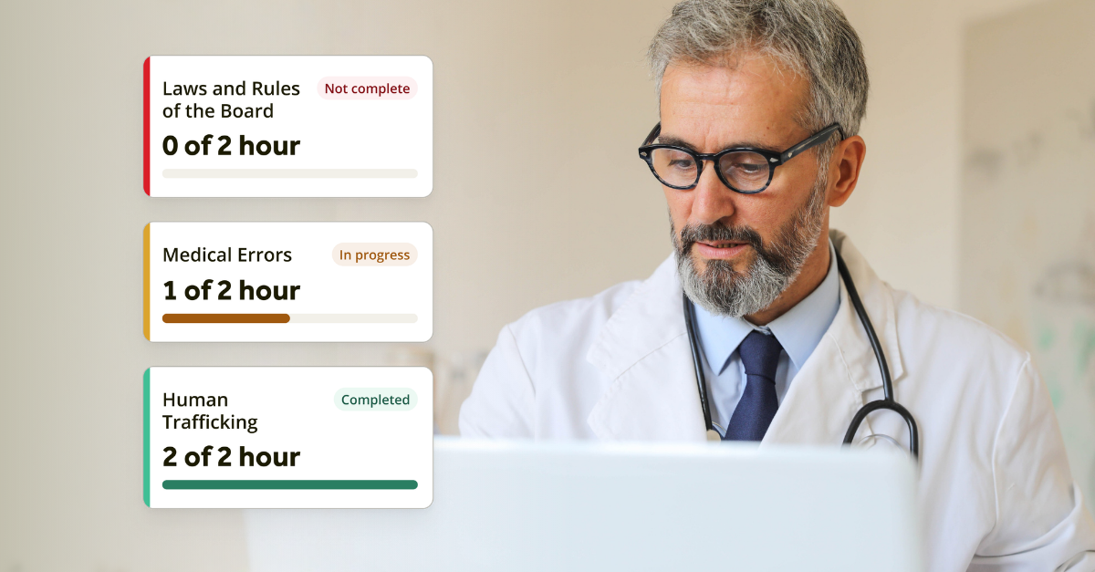 Progress tracker for three continuing education courses — Laws and Rules of the Board, Medical Errors, Human Trafficking — over a photo of a doctor working on a laptop