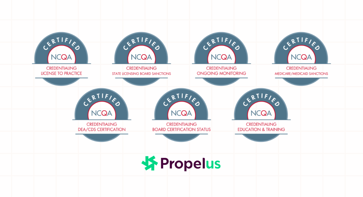 Seven NCQA Certified Credentialing badges with the Propelus logo.