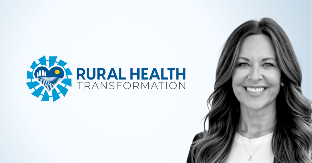Rural Health Transformation logo alongside a black-and-white headshot of Kelly Parker.