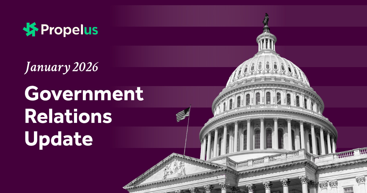U.S. Capitol building with Propelus logo and text reading 'January 2026 Government Relations Update
