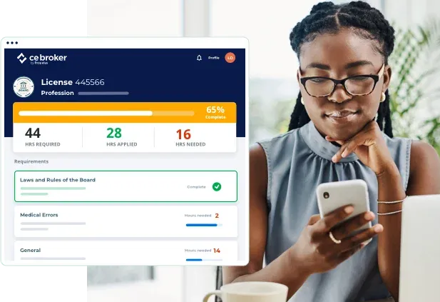 Woman reading her phone with a C E Broker profile page on it