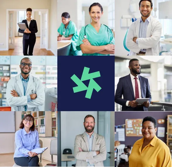 grid of 9 pictures of business and healthcare professionals with the propelus logo in the middle