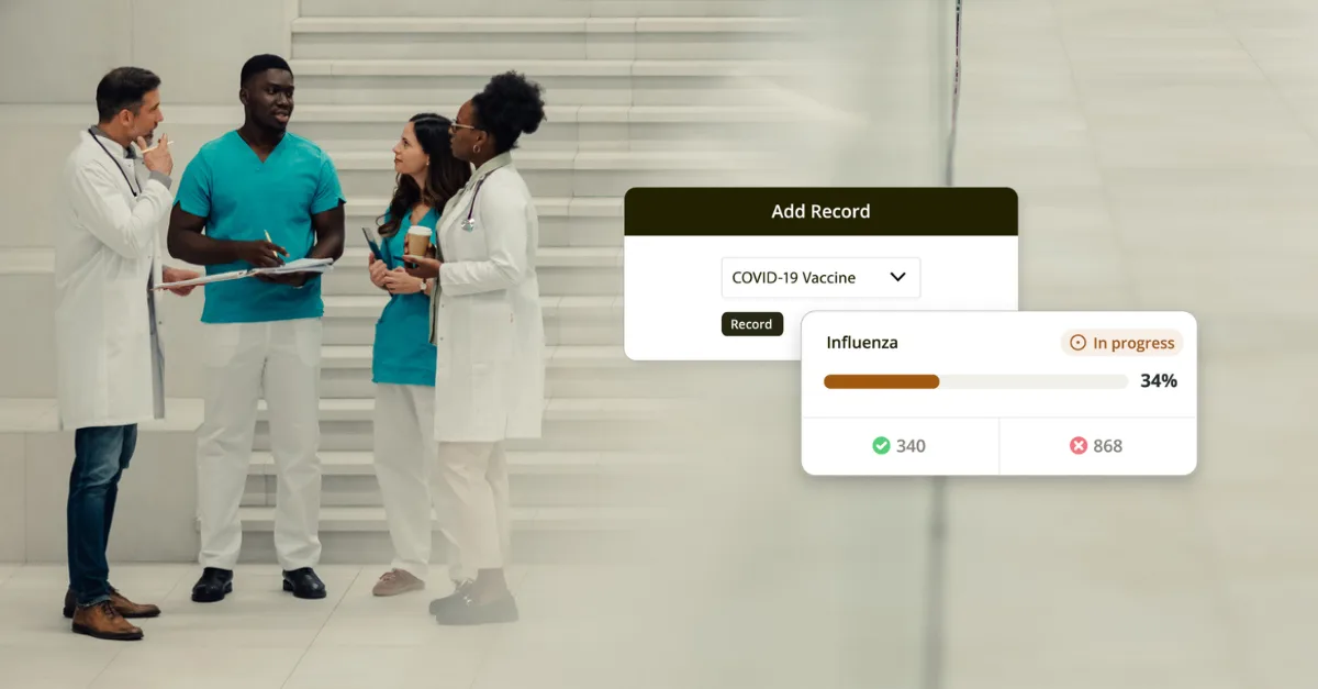 Healthcare professionals in discussion alongside UI panels showing an employee vaccination tracking dashboard with influenza compliance at 34%.