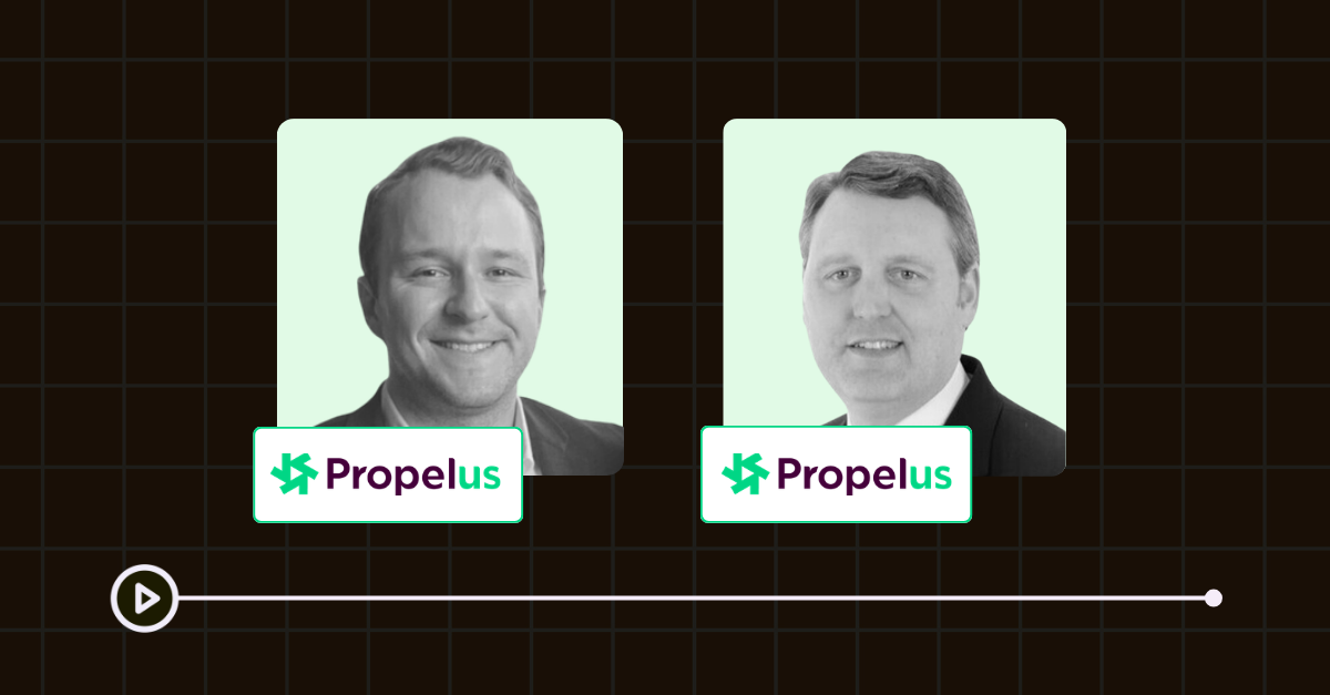 Promotional graphic for a Propelus webinar featuring two speakers' headshots with a play button on a dark grid background.