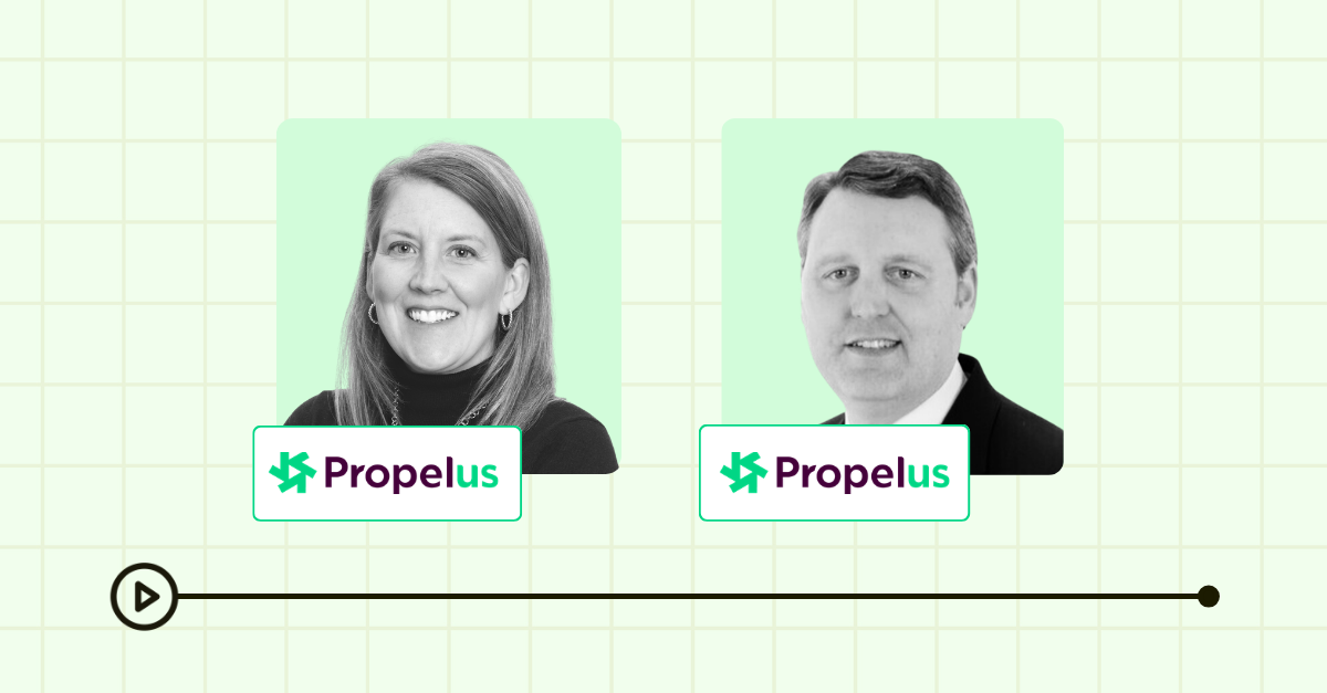 Promotional graphic for a Propelus webinar featuring two speakers' headshots with a play button on a light green grid background.