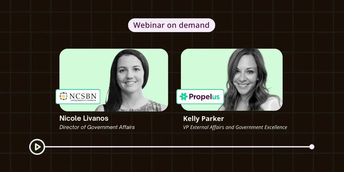 Webinar banner for 'Navigating Professional Nursing Regulation in 2026: Trends, Challenges, and Strategies' scheduled for Friday, February 27, 12:00-12:45 PM ET. Features headshots of two speakers: Nicole Livanos, Director of Government Affairs at NCSBN, and Kelly Parker, VP External Affairs and Government Excellence at Propelus. Includes a 'Register now' button on a dark background with pink accent arrows.