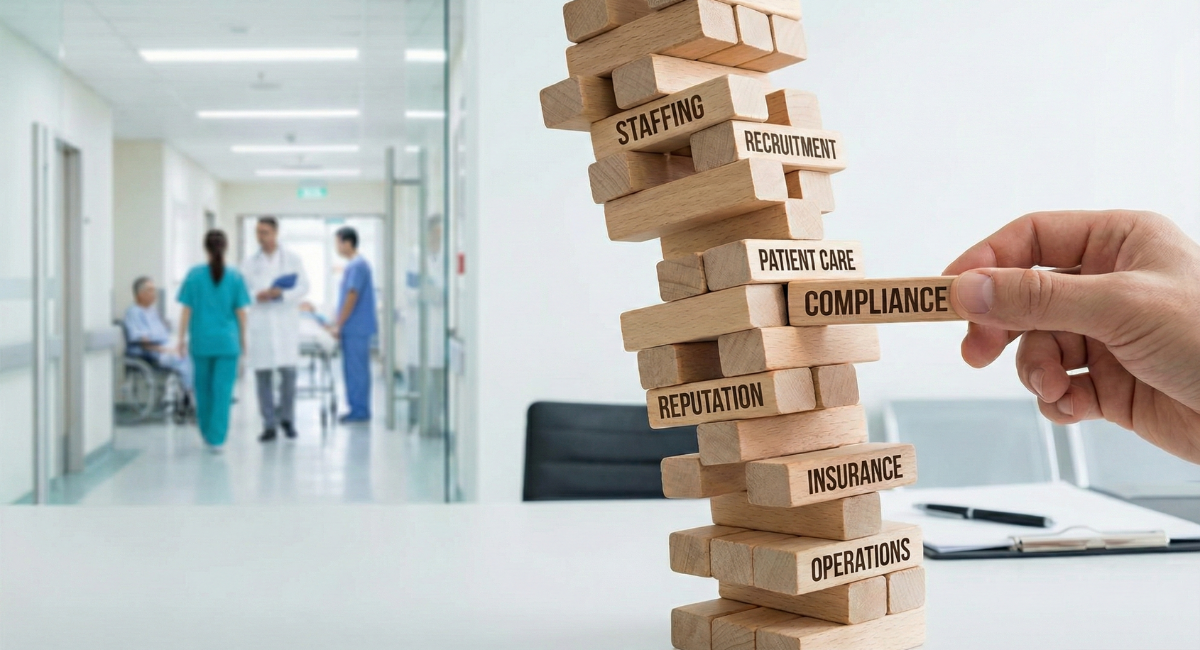 A hand pulling a wooden block labeled 'compliance' from a teetering tower of blocks labeled 'staffing,' 'patient care,' and 'reputation,' set against a blurred hospital background.