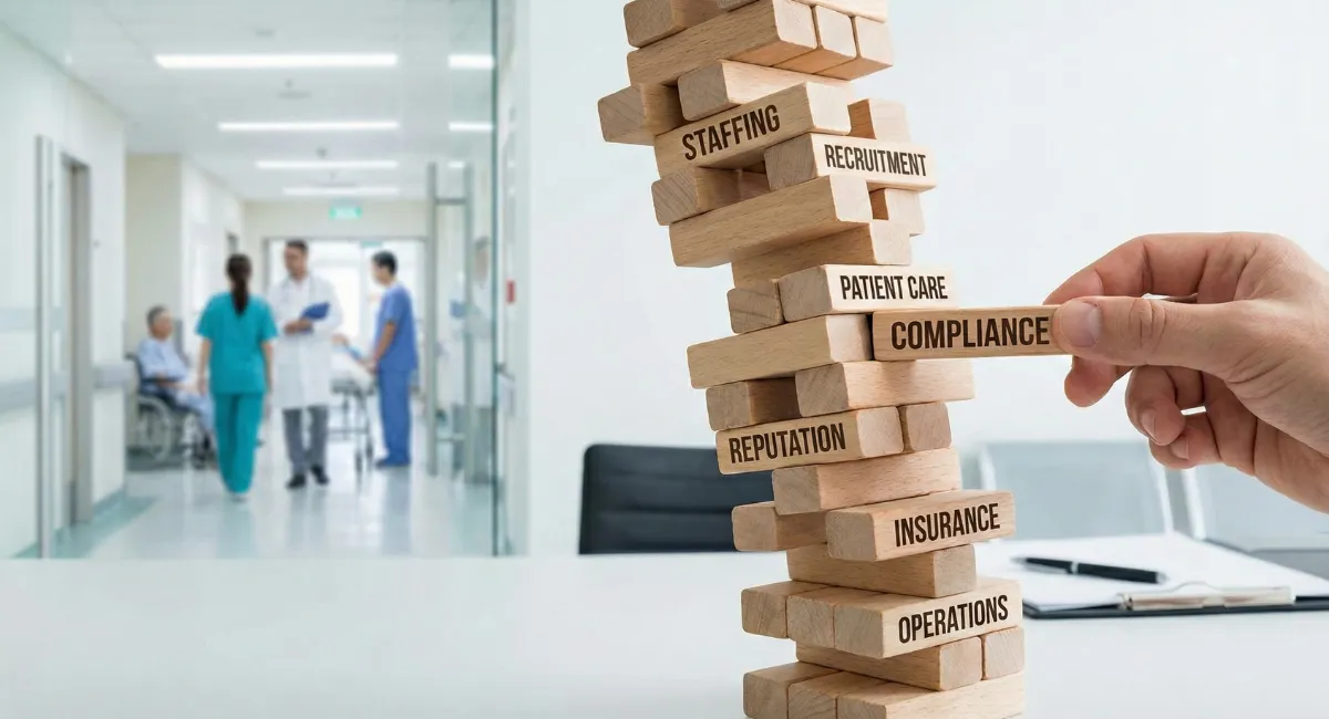 Hand removing 'Compliance' block from wooden tower labeled with healthcare terms, hospital corridor in background