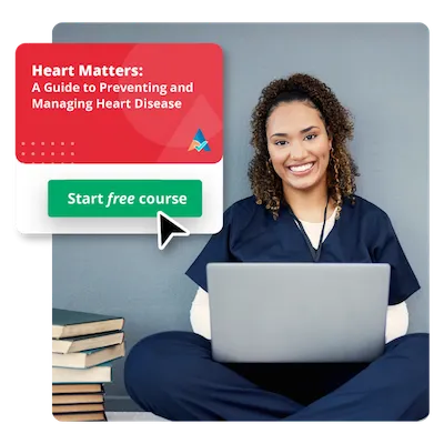 Smiling healthcare professional in navy scrubs sitting with a laptop, next to a promotional banner reading 'Heart Matters: A Guide to Preventing and Managing Heart Disease' with a green 'Start free course' button