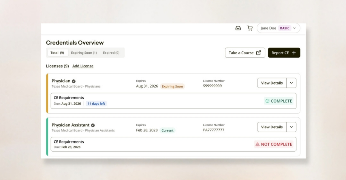 CE Broker dashboard image of Credential Overview