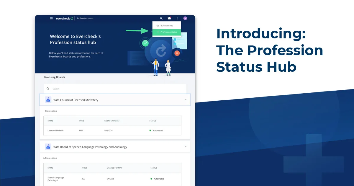 The EverCheck profession status hub dashboard
