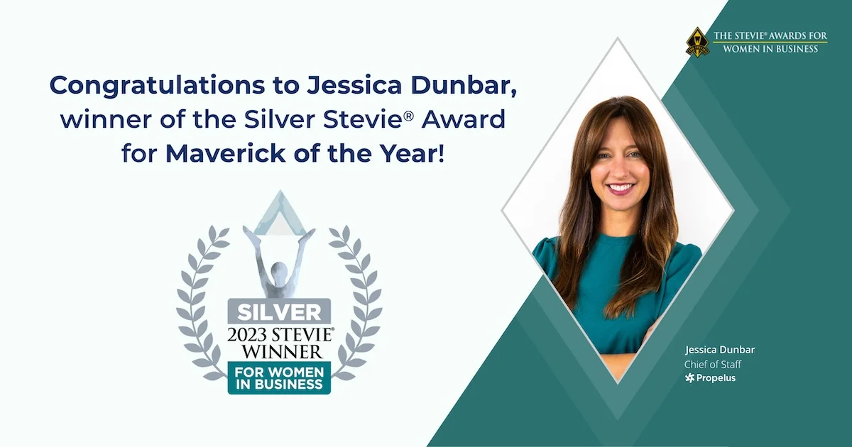 Announcement from Stevie of Jessica Dunbar winning a silver Stevie award.