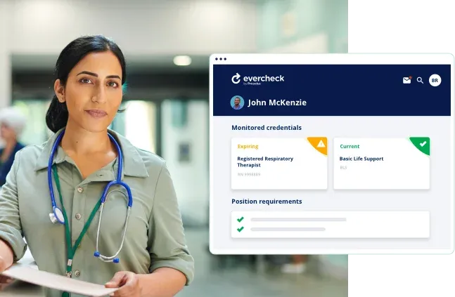 Doctor looking into the camera with a Evercheck profile next to her