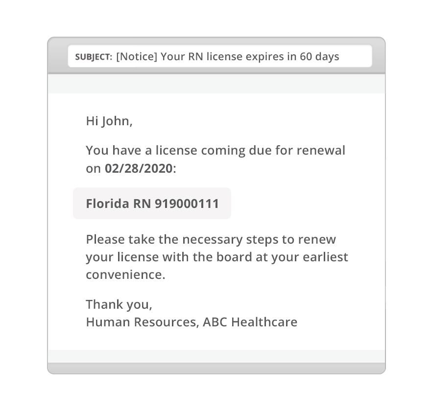 An email showing a message about an upcoming license renewal