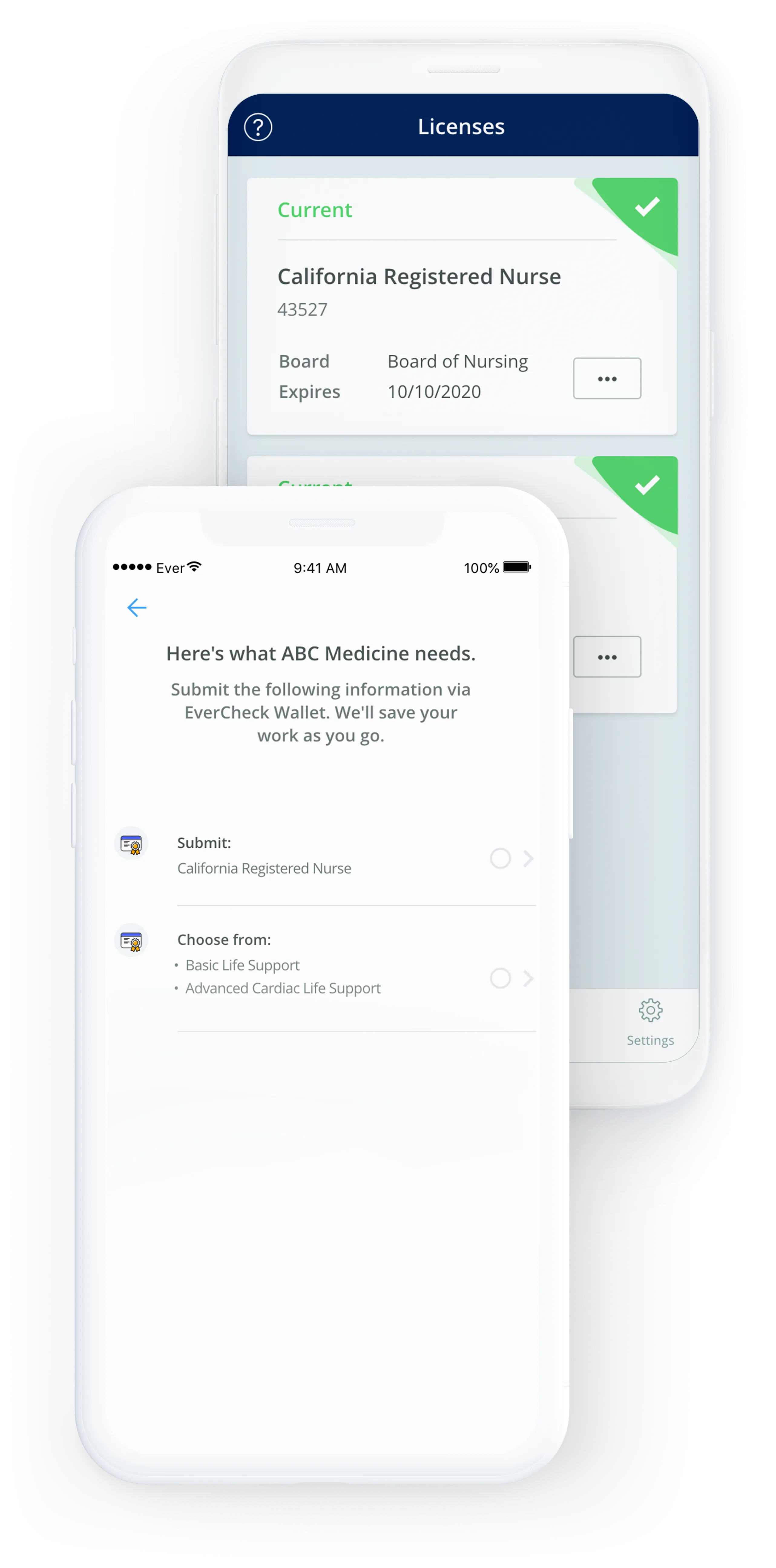 The EverCheck wallet UI showing missing requirements