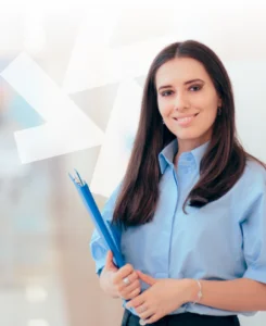 Woman smiling and carrying folders