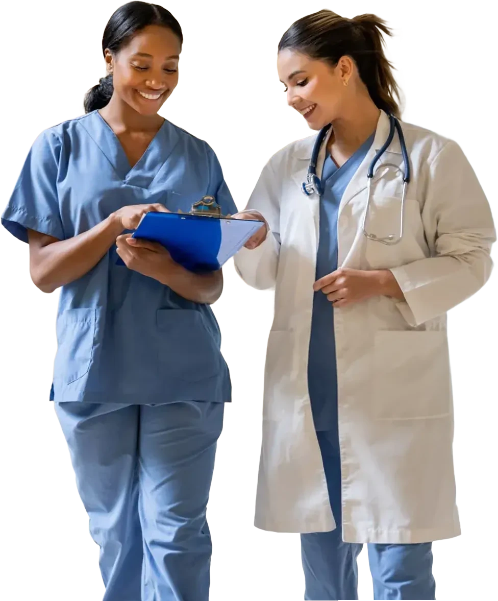 Two healthcare workers talking
