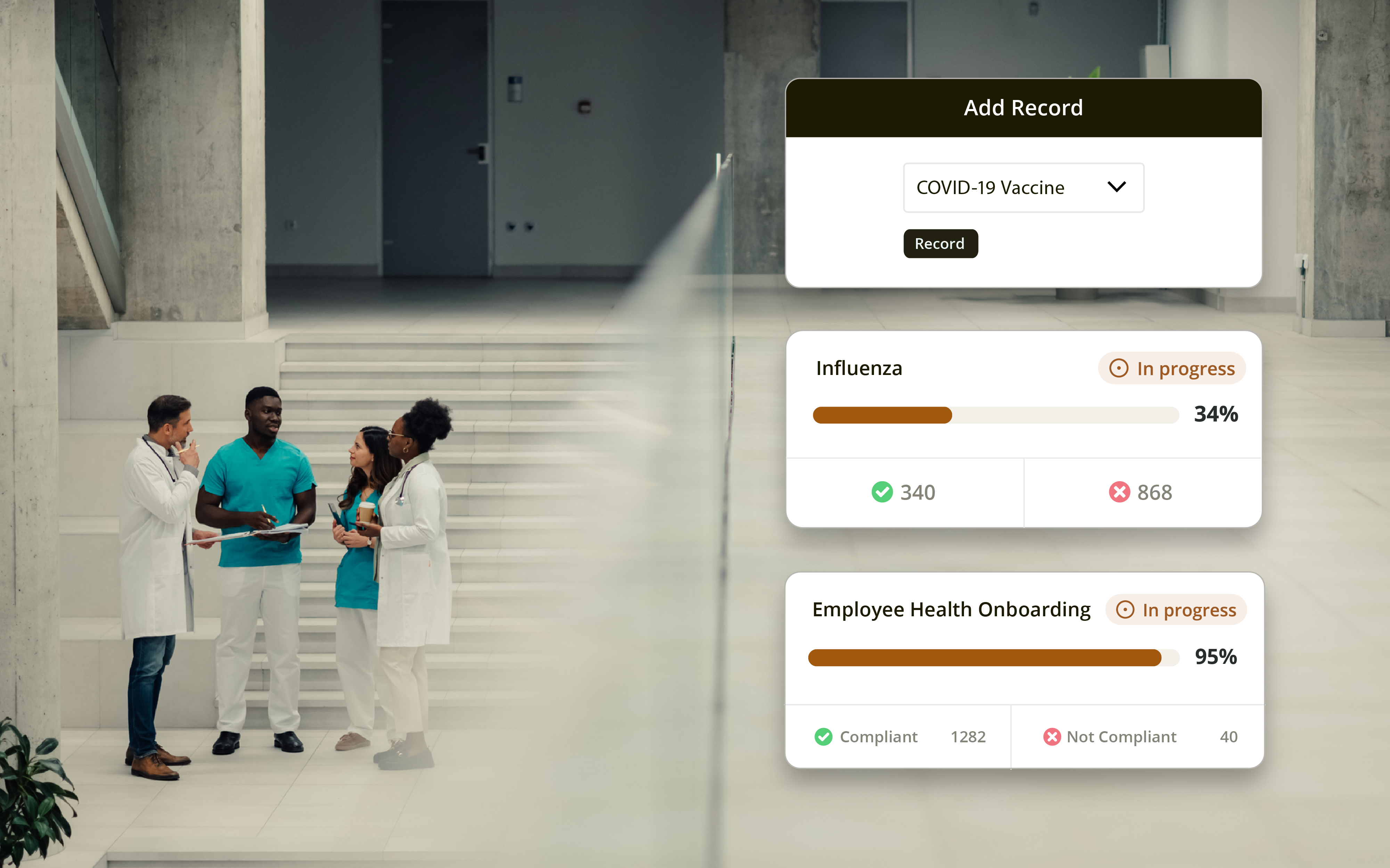People chatting and an overlay of their health records