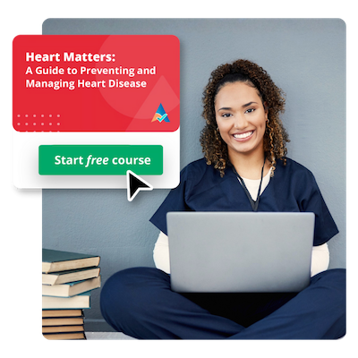 Smiling healthcare professional in navy scrubs sitting with a laptop, next to a promotional banner reading 'Heart Matters: A Guide to Preventing and Managing Heart Disease' with a green 'Start free course' button