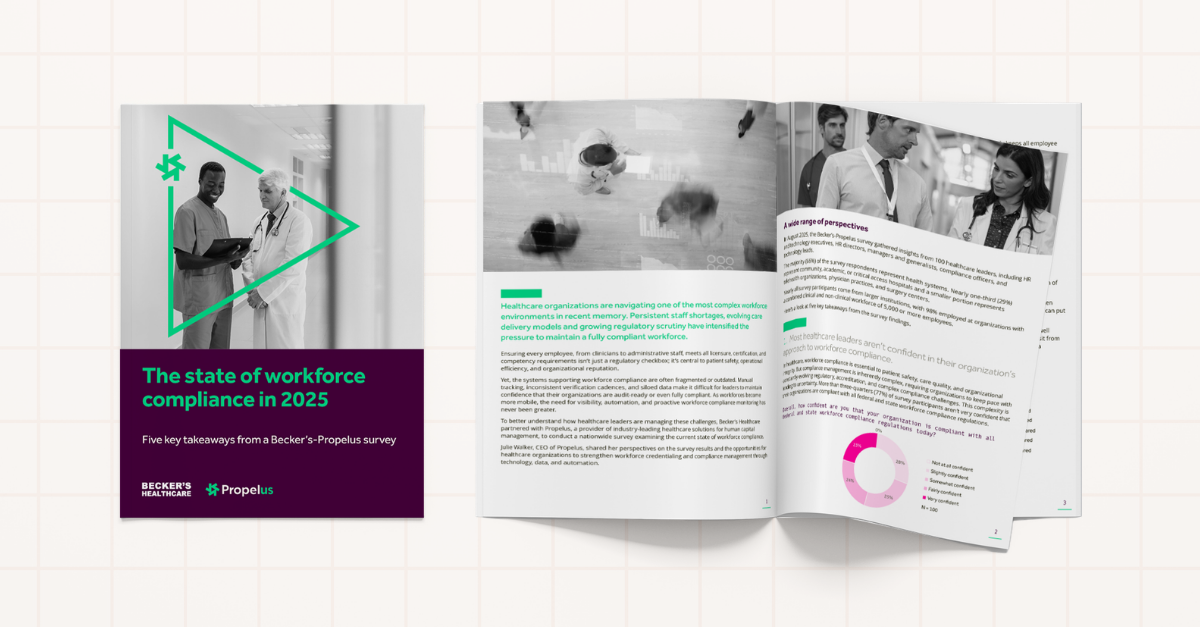 Propelus and Becker's Healthcare survey report cover showing two healthcare professionals reviewing a clipboard, with title The state of workforce compliance in 2025