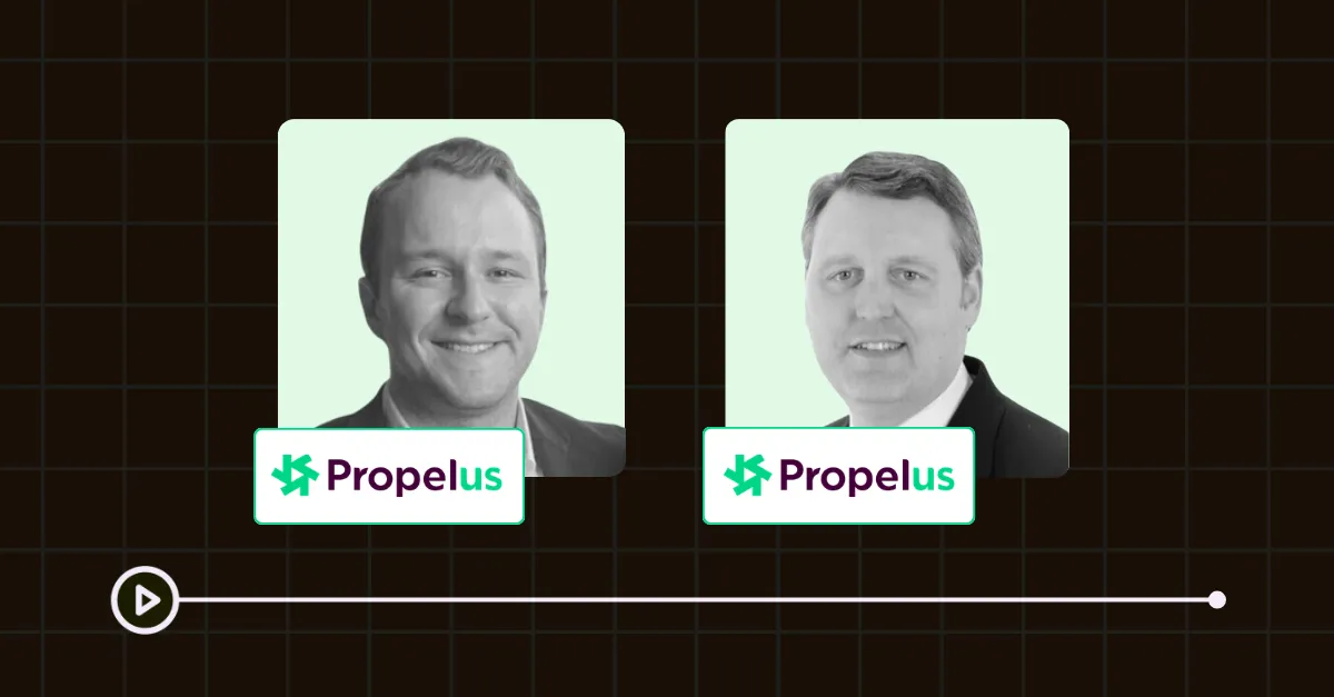 Promotional graphic for a Propelus webinar featuring two speakers' head shots with a play button.