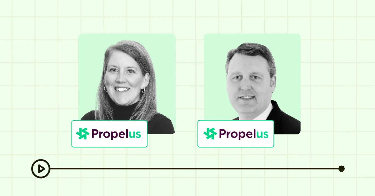 Promotional graphic for a Propelus webinar featuring two speakers' head shots with a play button.