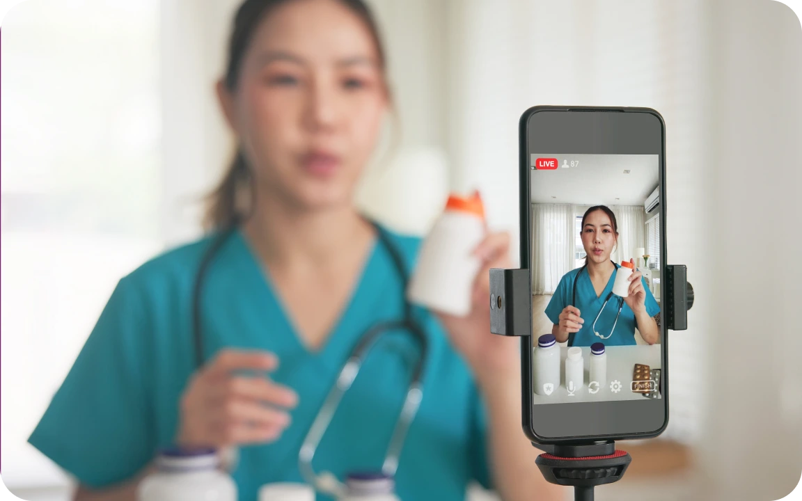 Person live streaming talking about medication