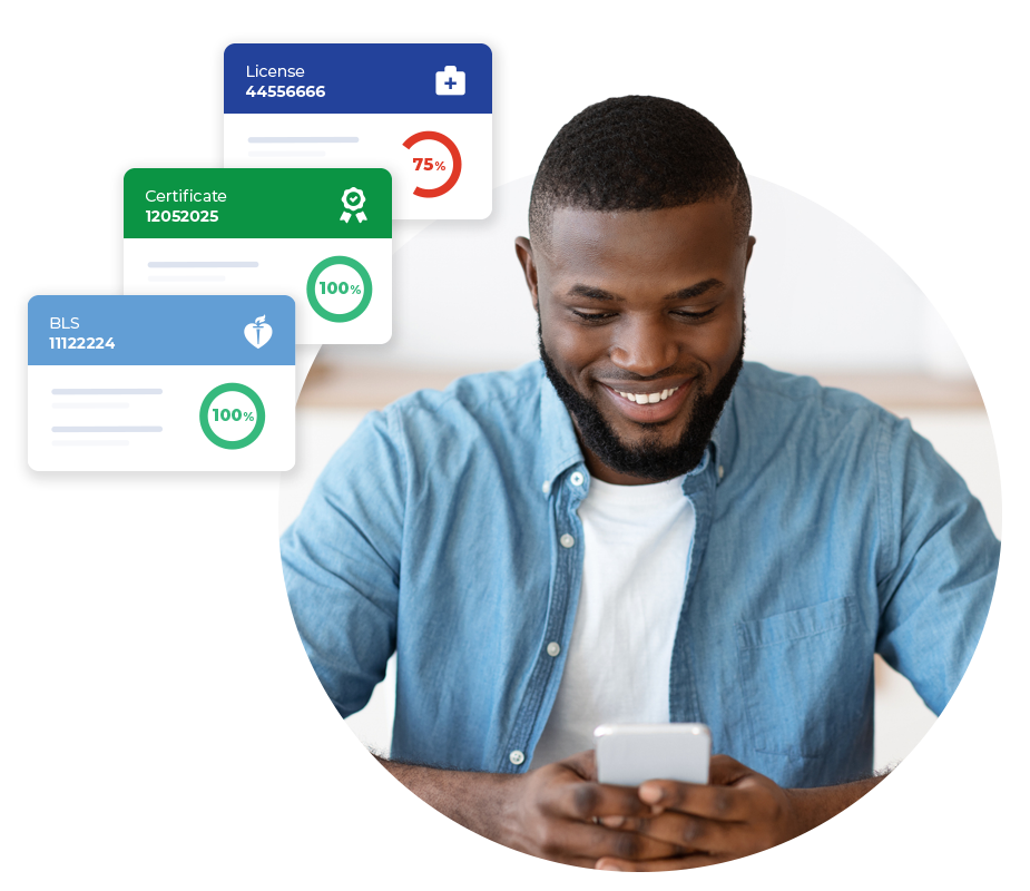 Man in light blue denim shirt smiling while looking at his smartphone, with floating credential cards showing a License at 75% completion, Certificate at 100% completion, and BLS certification at 100% completion